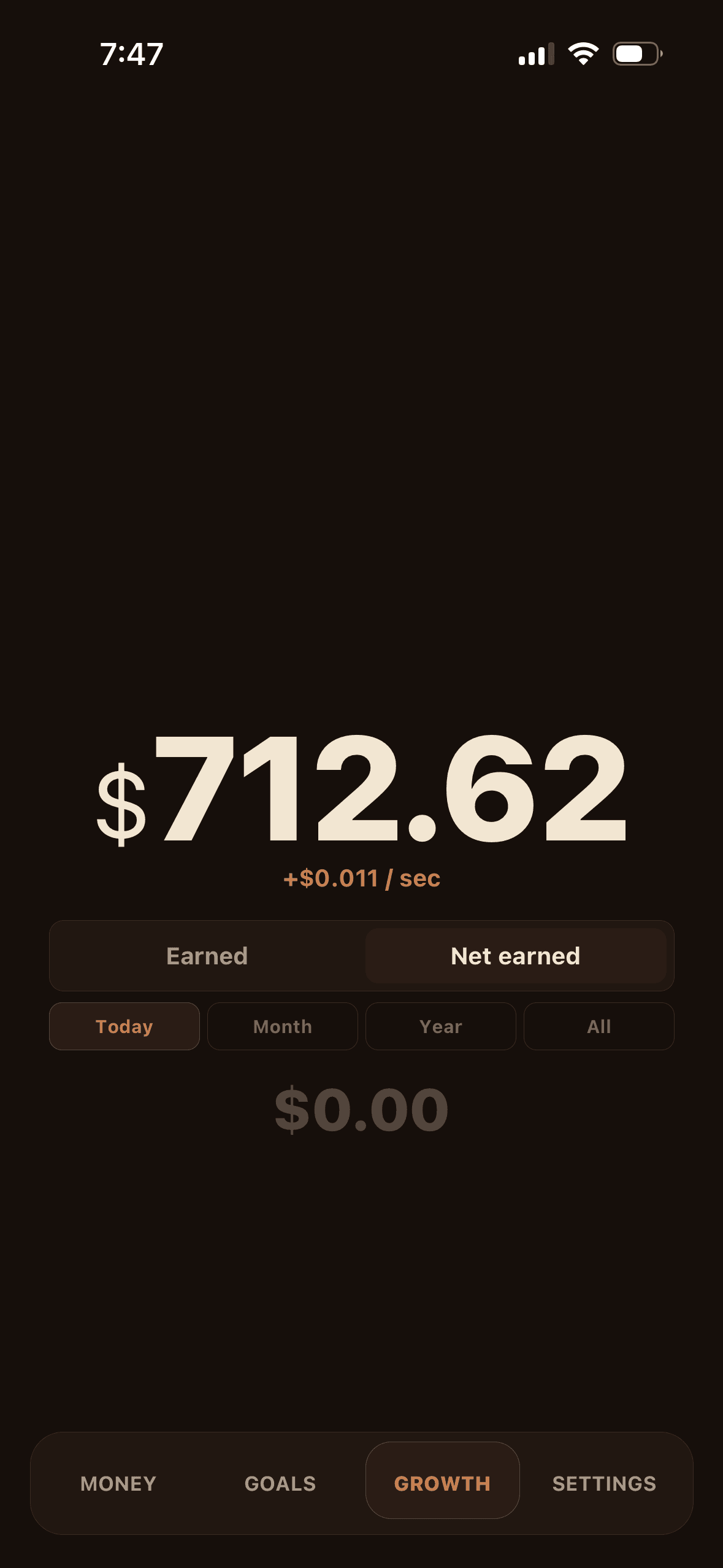 Figr live counter with earned and net earned options and Today, Month, Year, and All Time views
