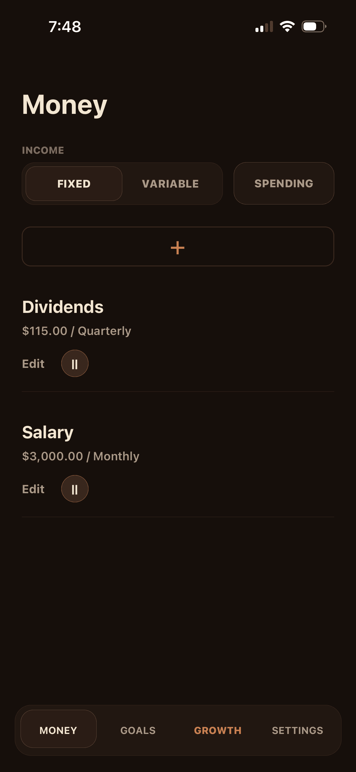 Figr Money view showing fixed income entries for dividends and salary, with variable income and spending tabs